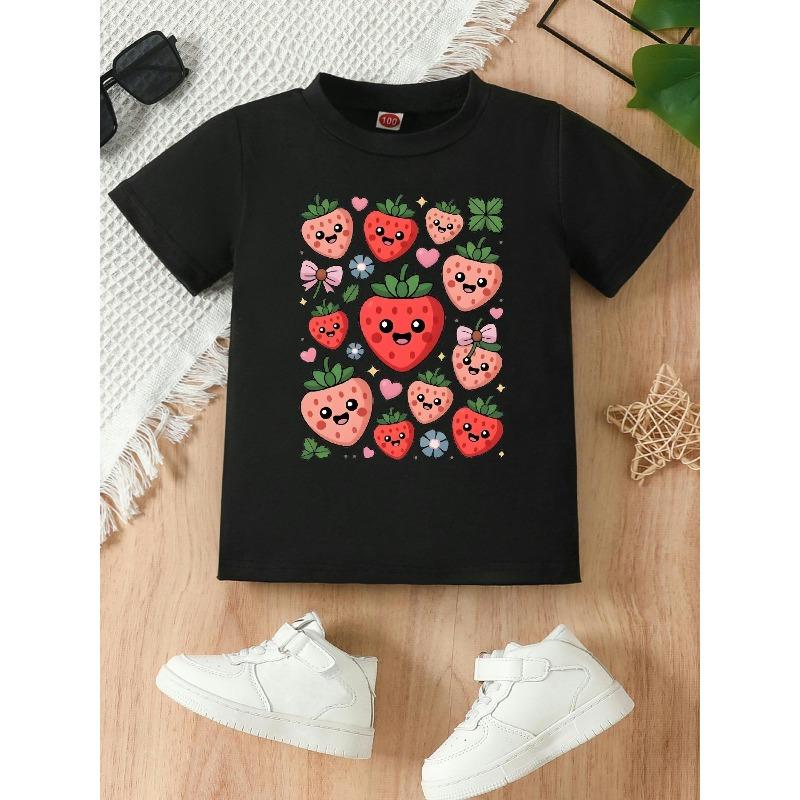 

European sizes Fun and Cute Strawberry Print, Casual and Simple Short-sleeved T-shirt for Girls, Comfortable and Stylish, Perfect for Summer. 164cm чорний