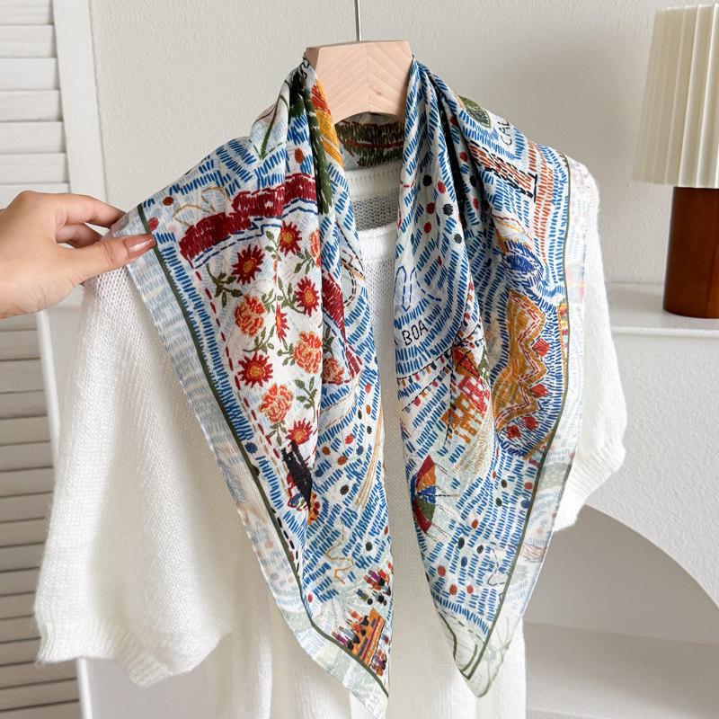 Qiandongge Camellia Cotton and Linen Small Square Scarf Silk Scarf New Women's Thin Imitation Velvet Shawl Scarf Headscarf Scarf