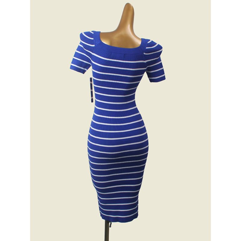 American Brand Stripes Square Collar Bodycon Dress Foreign Trade Original Order Short Sleeve Silm Sheath Fall and Winter Base Dress