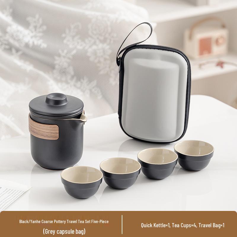 Portable Ceramic Travel Tea Set: Quick-Brew Pot & 4 Cups for Outdoor & Car Use, Simple Carry-Along Gift