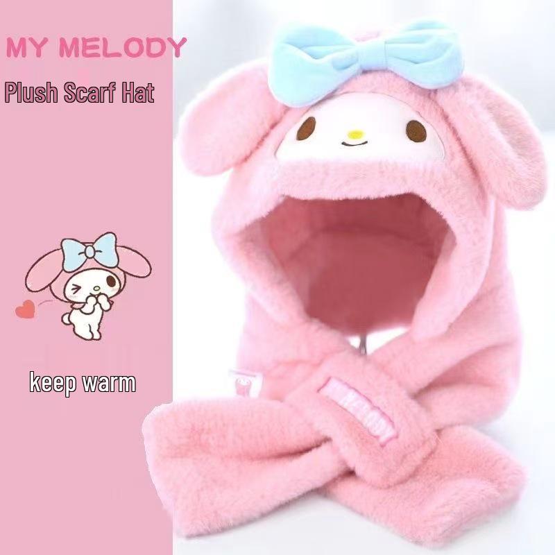 Kuromi Melody Plush Hat & Scarf Set for Kids - Cute, Warm, Cartoon Winter Accessory