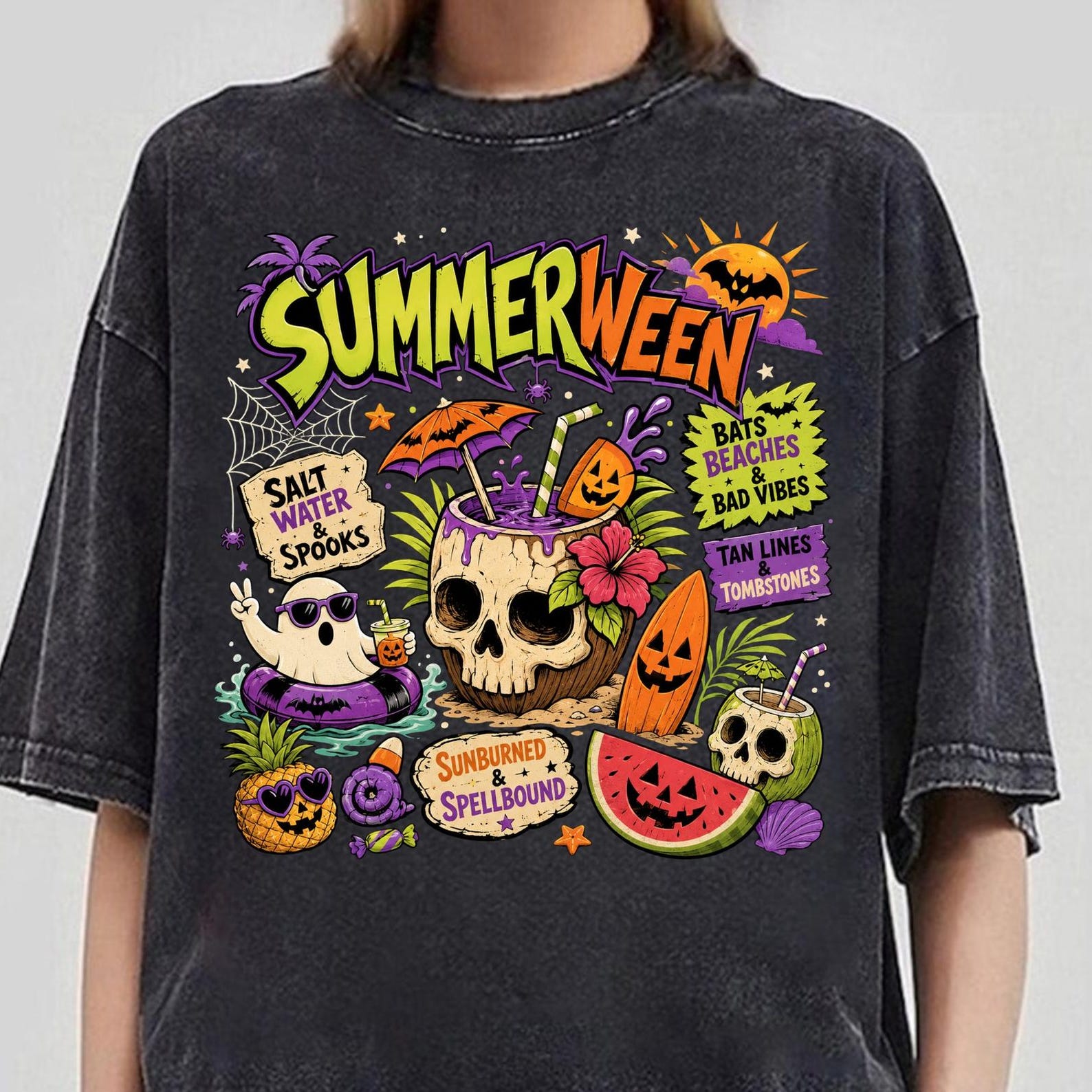 Horror Beach Party Outfit, Summerween Vibes Shirt, Halloween Pumpkin Shirt, Funny Spooky Summer Shirt, Tropical Ghost Tee, Goth Summer Vibes S
