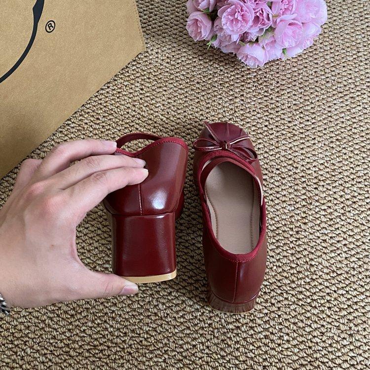 French ballet single shoes women's sweet bow red silk small leather shoes round head high heel Mary Jane single shoes women