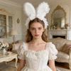 Plush Sweet Rabbit Ears Headband With Elegant Lace And Bowknot Detachable For Cosplay Party And Daily Wear