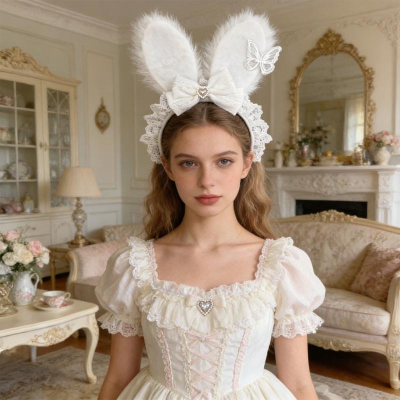 Plush Sweet Rabbit Ears Headband With Elegant Lace And Bowknot Detachable For Cosplay Party And Daily Wear