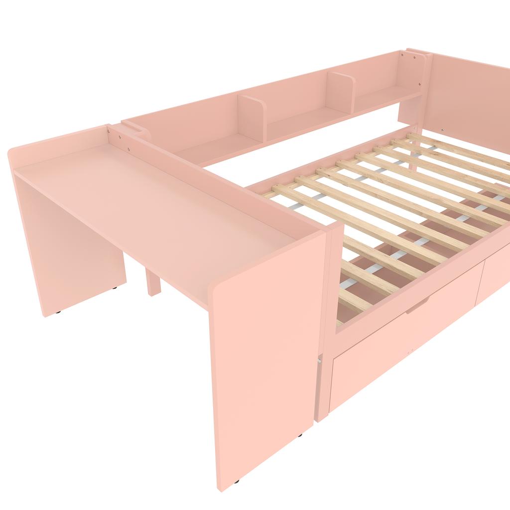 Letto Basso, Letto in Legno, 90x200cm, con Scrivania, Dotato di 2 Cassetti, Letto Singolo(Senza materasso), con Ripiani, Pino+Pannello Truciolare, Rosa