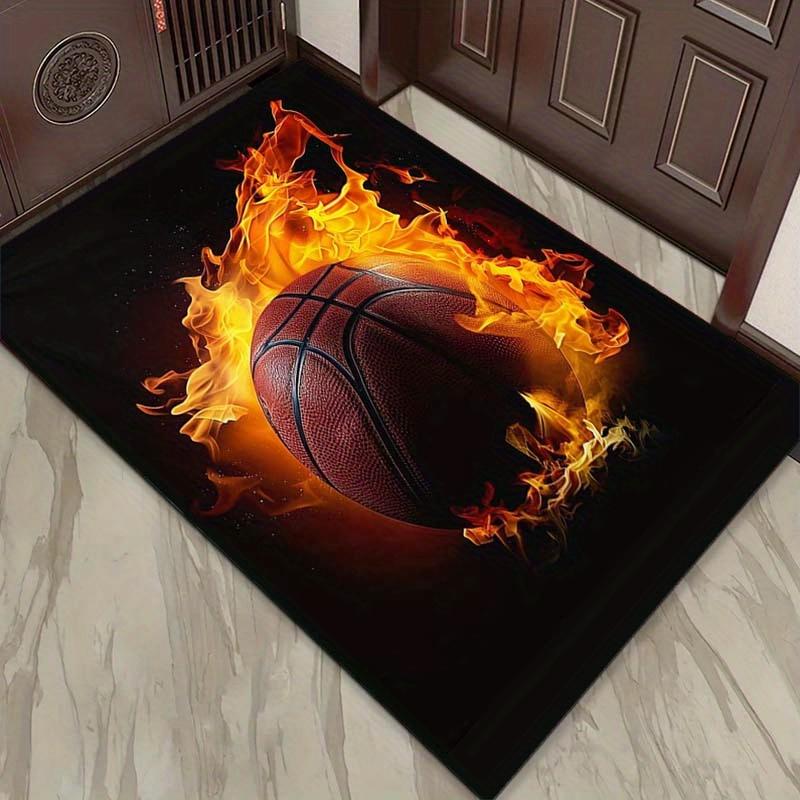 Flaming Basketball Rug Sports Fan Gift Ideas Game Room Accessories  Anti Slip Carpet Can Be Machine Washed