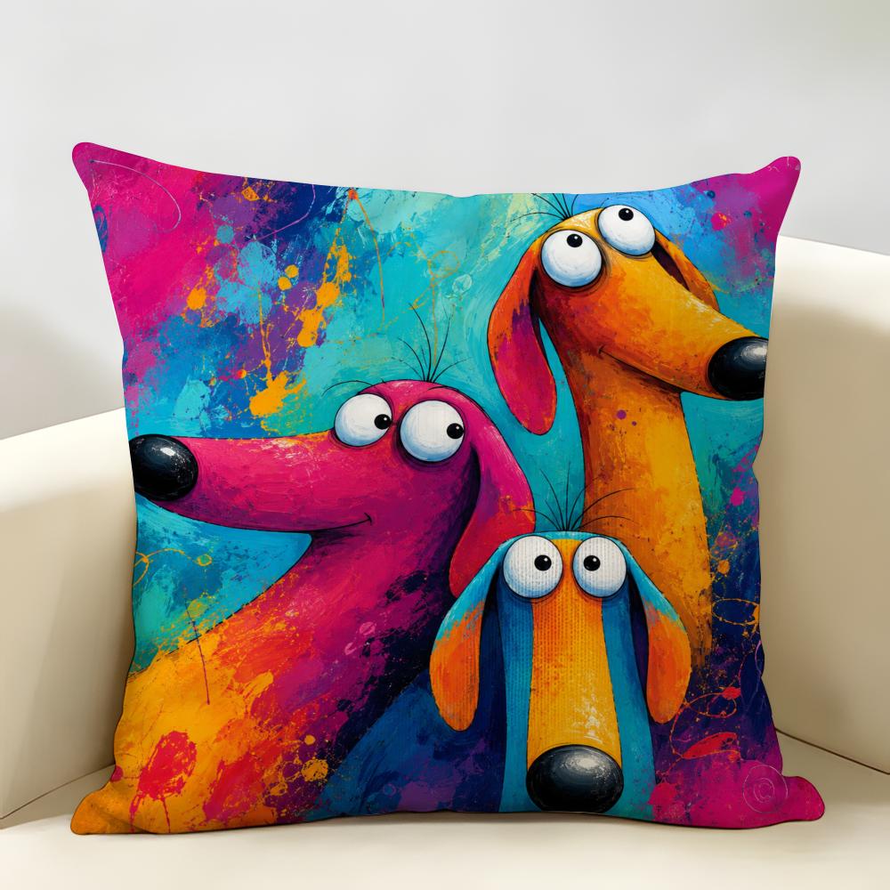 Funny Colorful Whimsical Dog Cushion Cover Natural Linen Organic Fabric Double-Sided Printing Breathable Perfect For Home Decor