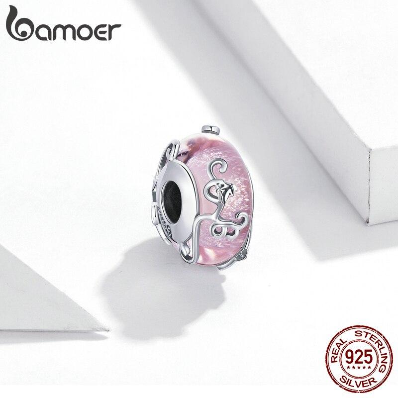 Bamoer 925 Sterling Silver Women Shiny Pink Glazed Beads Fit 3mm Bracelets DIY Jewelry