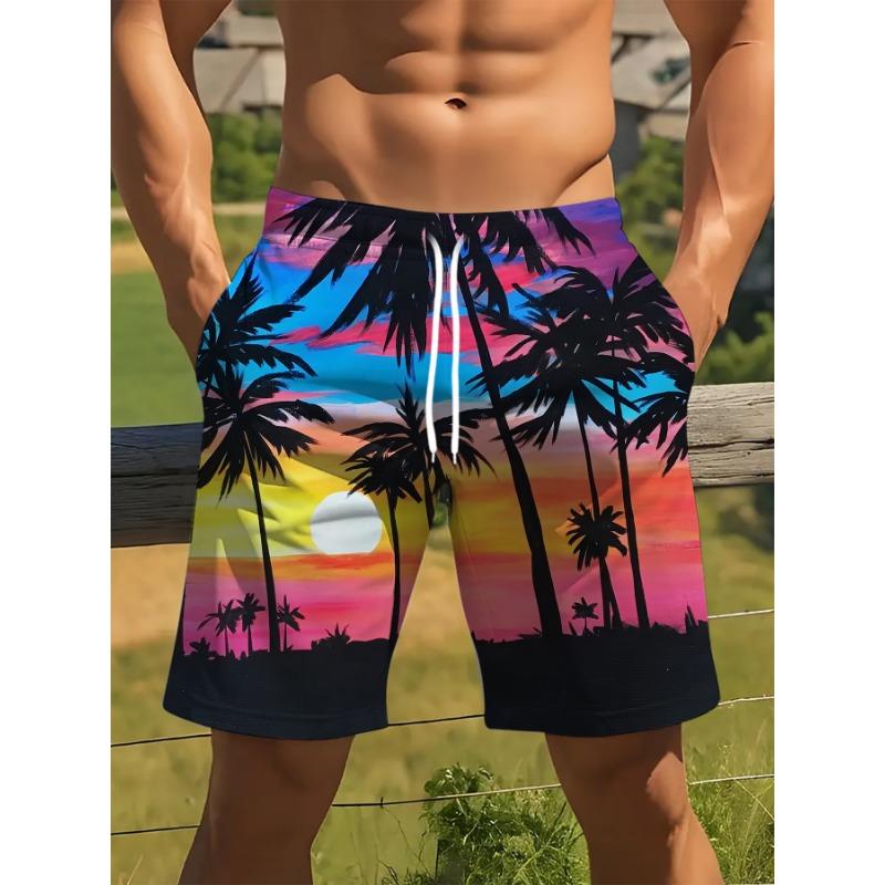 Men's Colorful Tropical Palm Tree Sunset Print Casual Shorts - Full Visual Impact, Perfect for Beach Vacation and Street Fashion