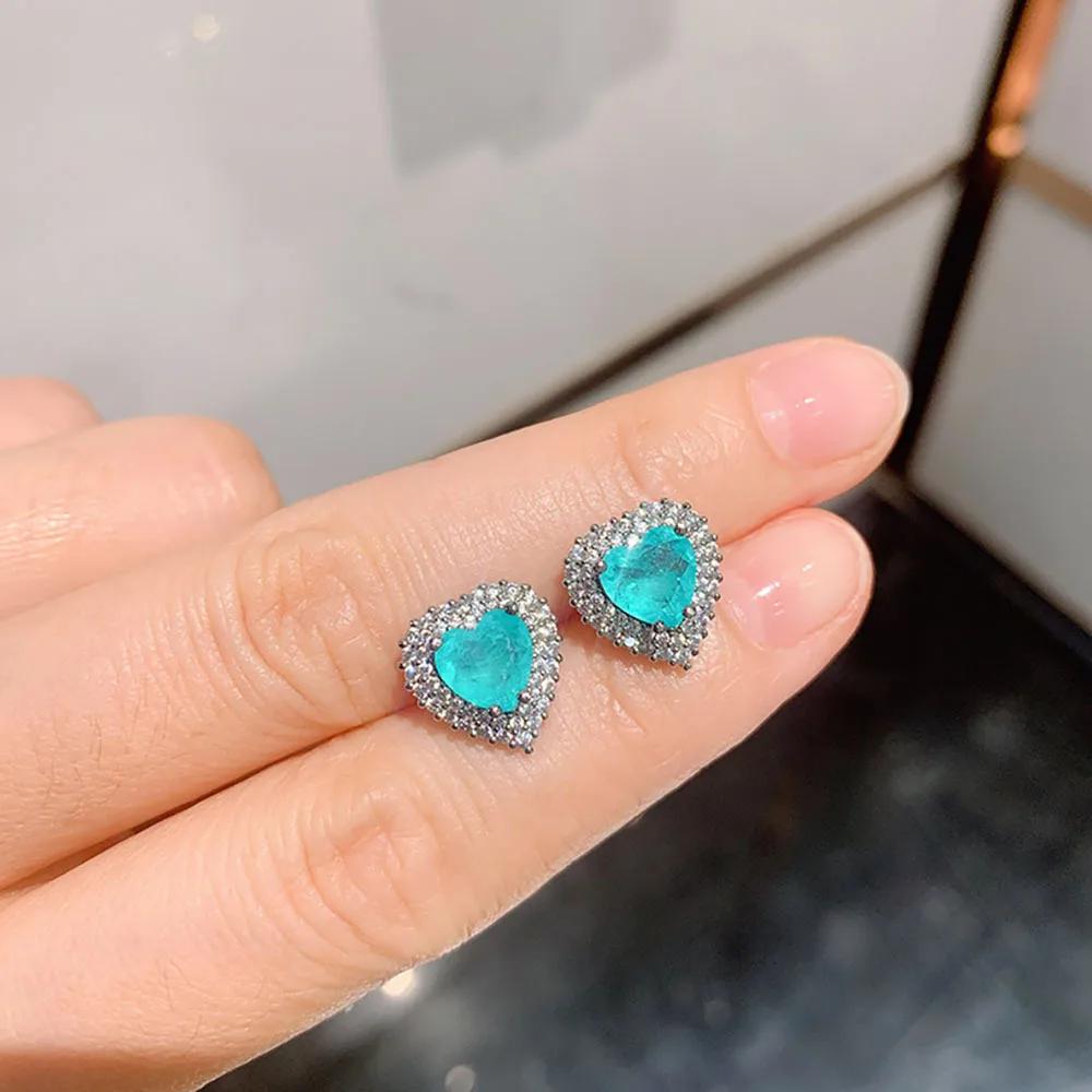 Exaggerated Female Earrings  sterling SIlver Love Heart Sapphire Emerald Zircon Crystal Earrings For Women Fashion синий