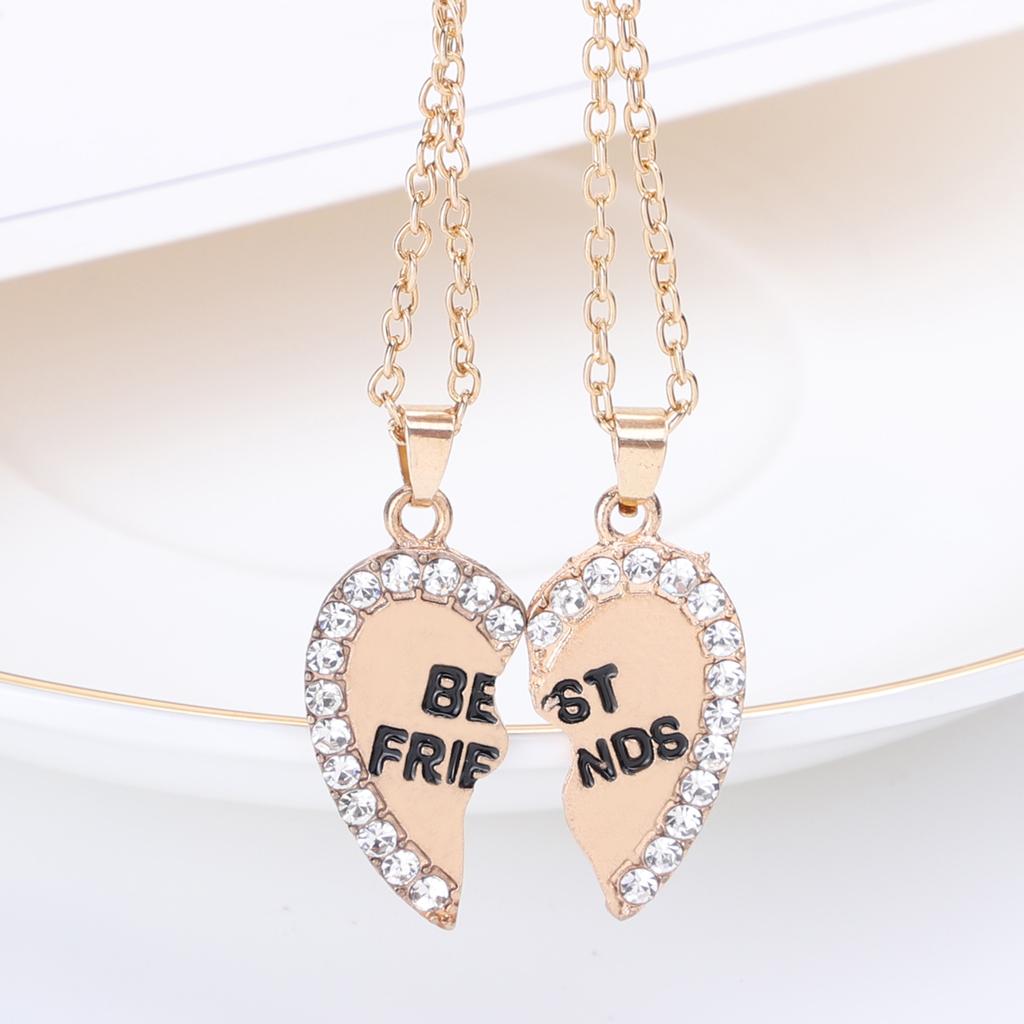 2pcs Per Set Heart Rhinestone Best Friends Engraved Pendant Friendship Necklace