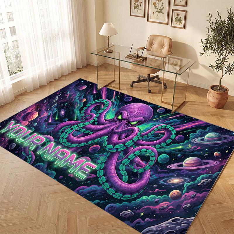 Octopus Sea Life Theme Crystal Velvet Floor Rug Personalized Custom Name Text Warm Carpet Home Decoration