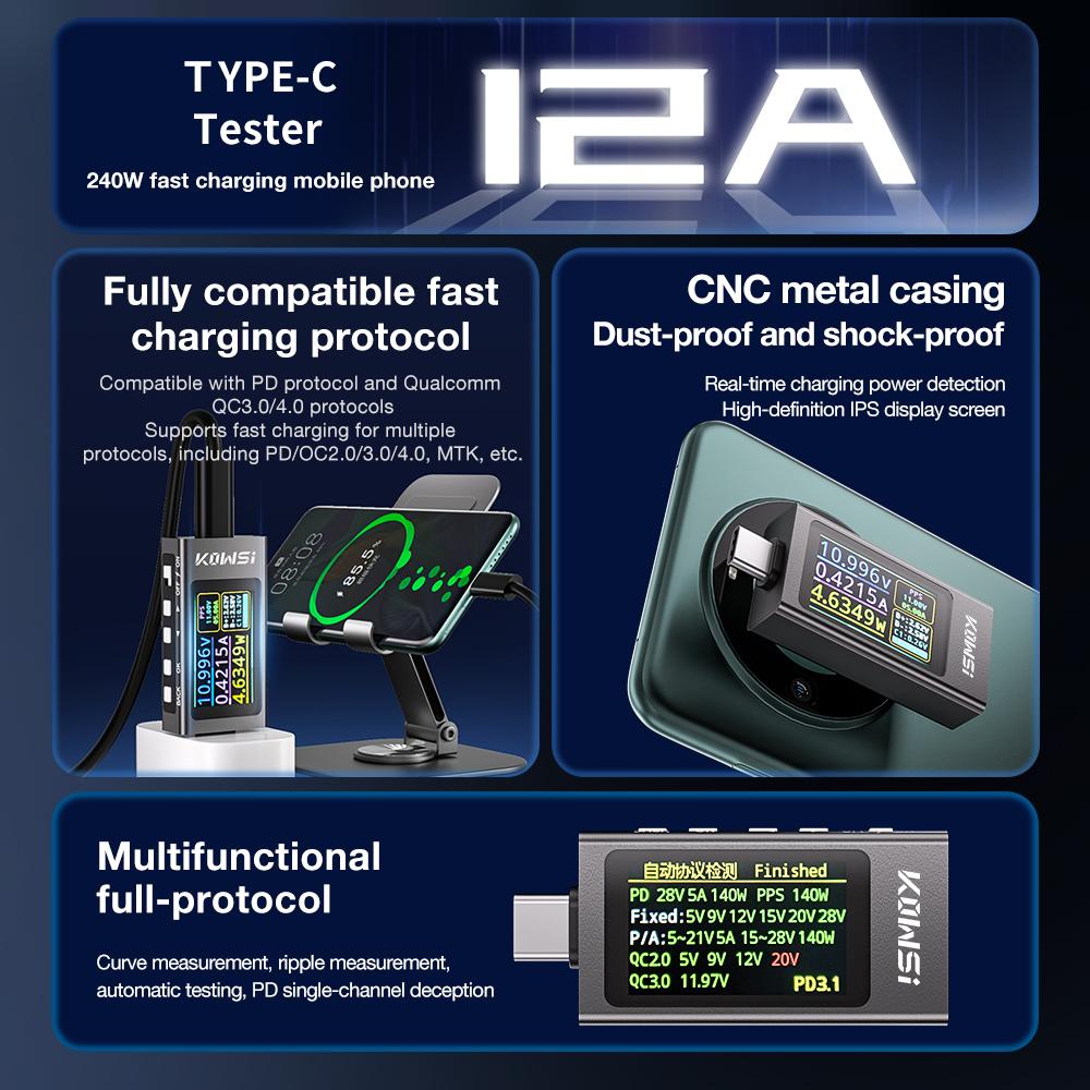 KWS-X1 Type-C Tester Digital Ammeter Voltmeter Portable Current Voltage Monitor Multifunctional Full-protocol Monitor 4-30V 12A