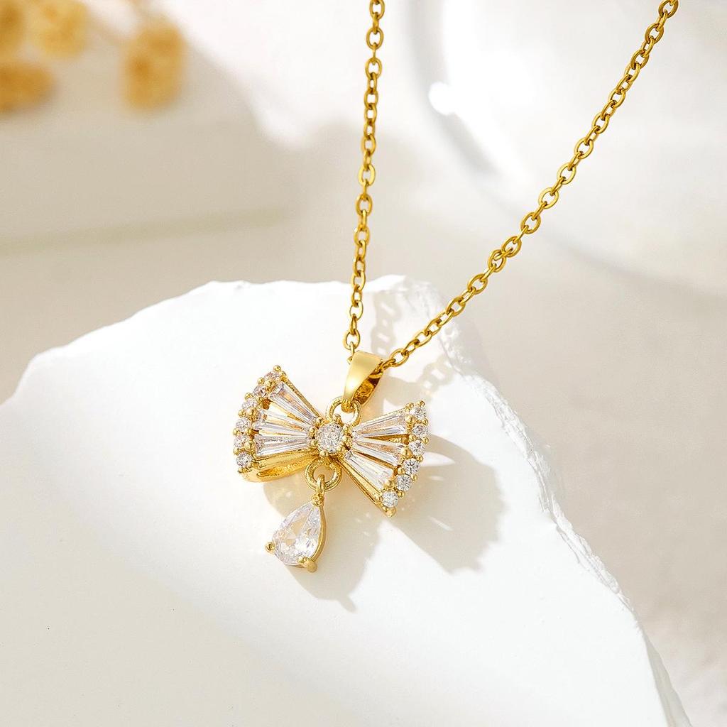 Sweet Zircon Bow Necklace - Women’s Titanium Steel Design