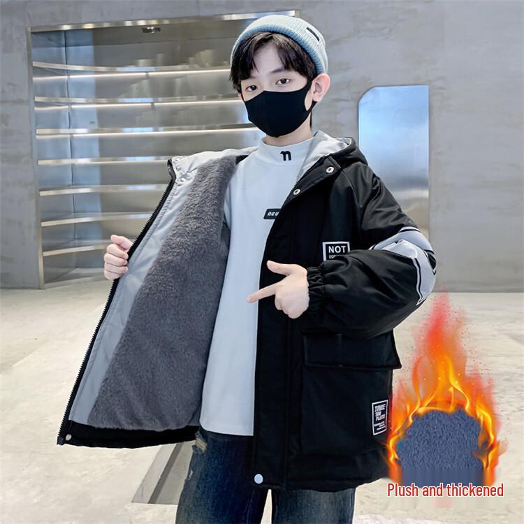 Boys' 2025 Winter Cotton-Padded Fleece-Lined Parka with Rabbit Fur