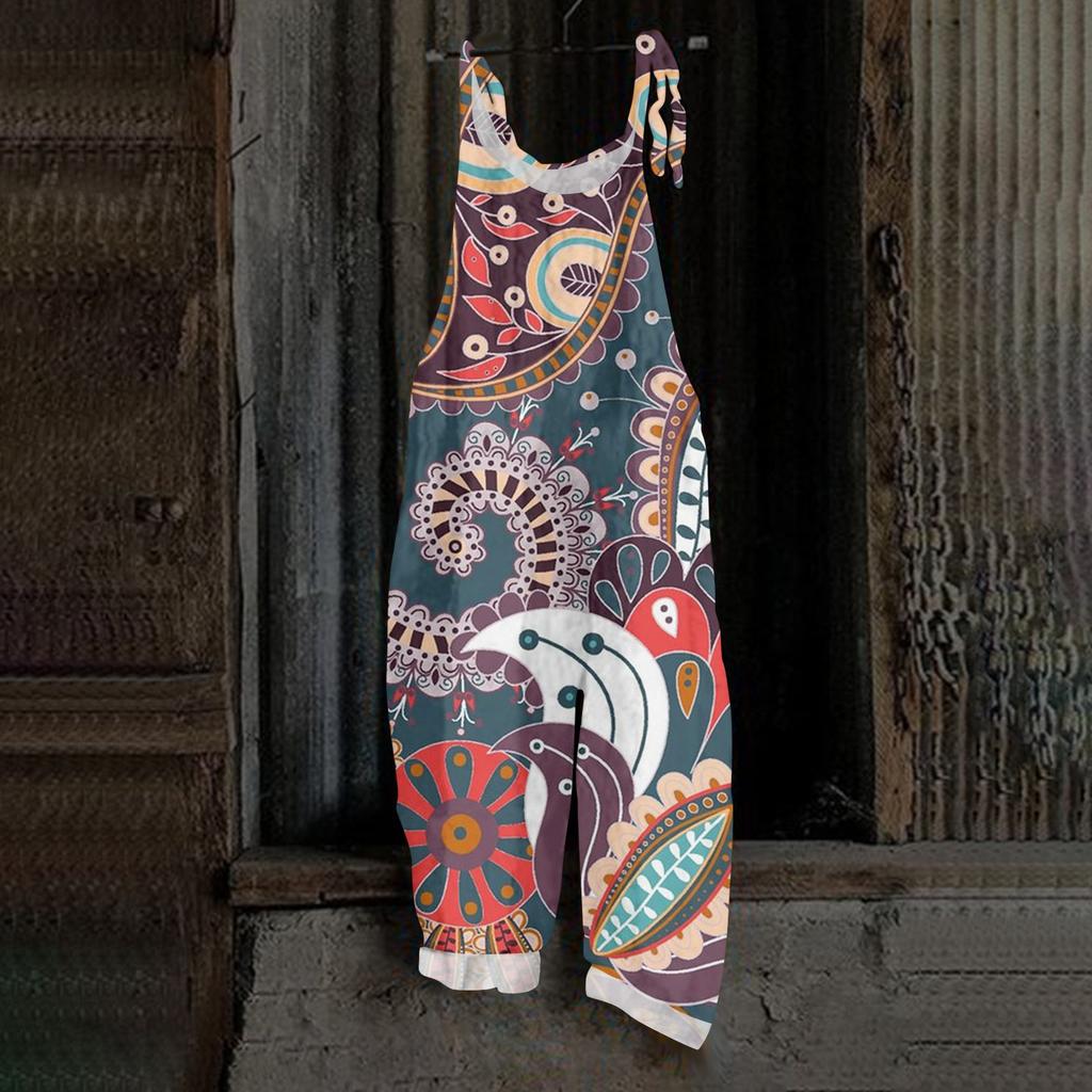 Women's Jumpsuit Floral Vintage Print Casual Loose Retro Cotton Linen Back Pants