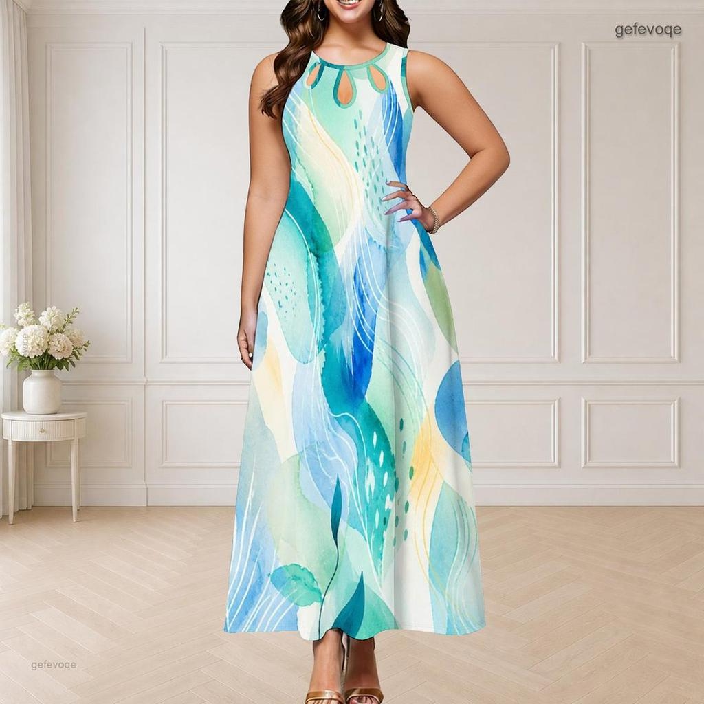 Women Plus Size Round Neck Triple Keyhole Cutout Sleeveless Printed Navy Blue Long Dress