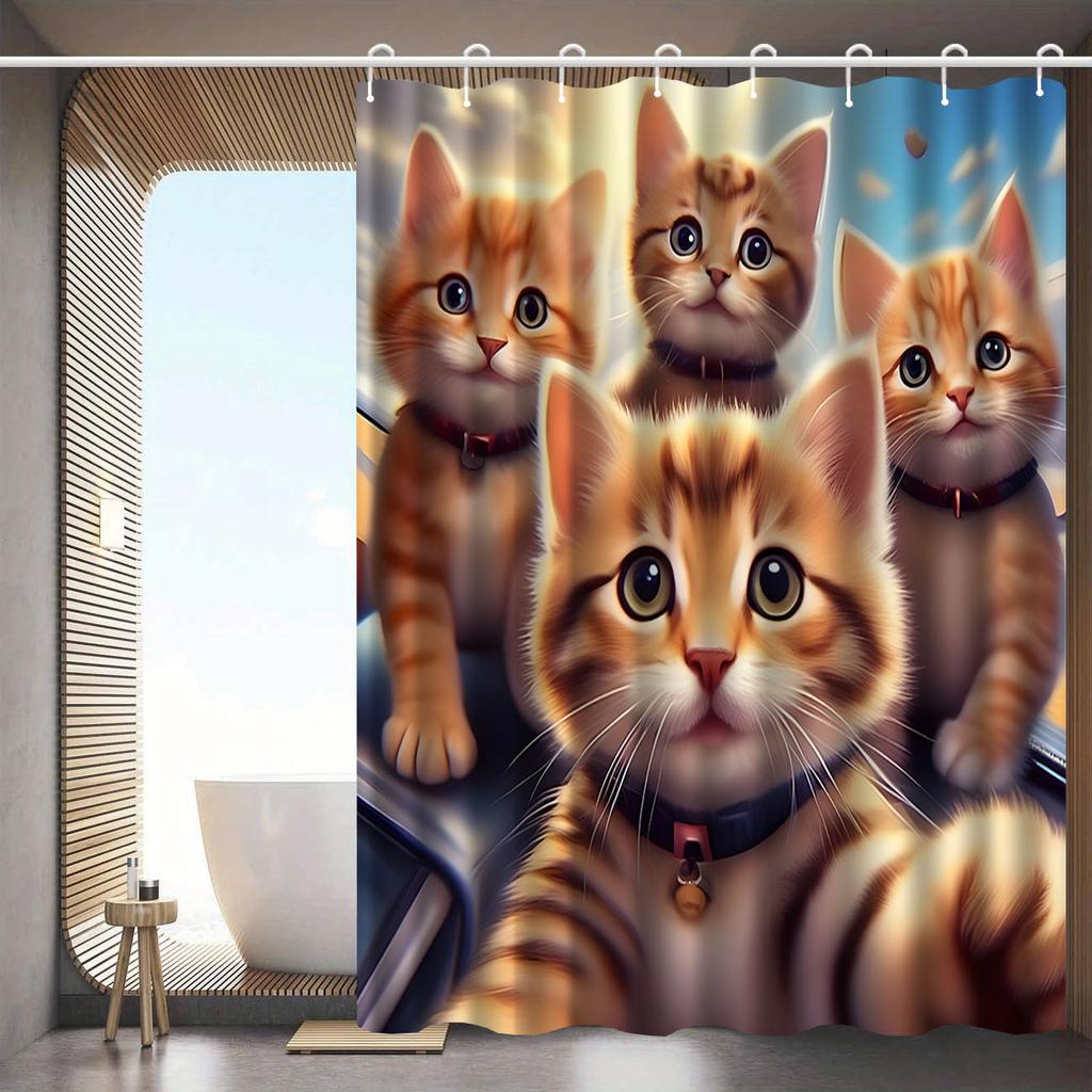 3D Kitten Shower Curtain Realistic Cat Faces Cartoon Art Fun Bathroom Decor Waterproof Printed Curtain Home Style
