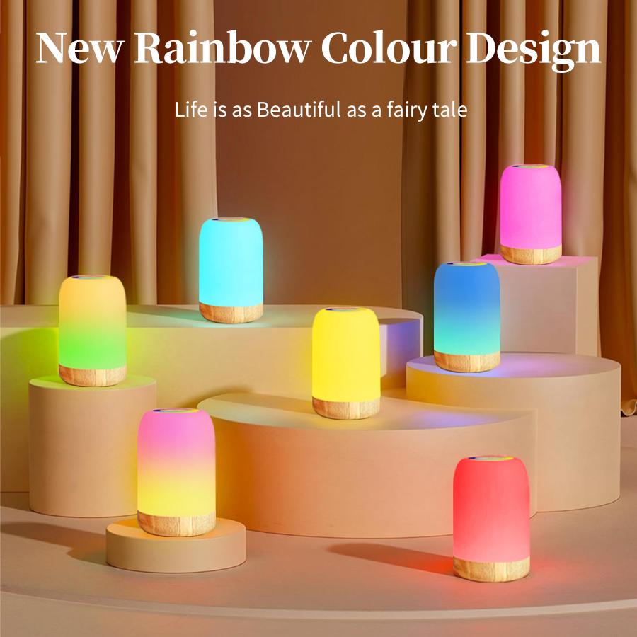 LED Touch Lamp with Dimmable RGB Colour Wood Grain Table Lamp Timing Function USB Rechargeable Night Light for Bedroom Kids Deco