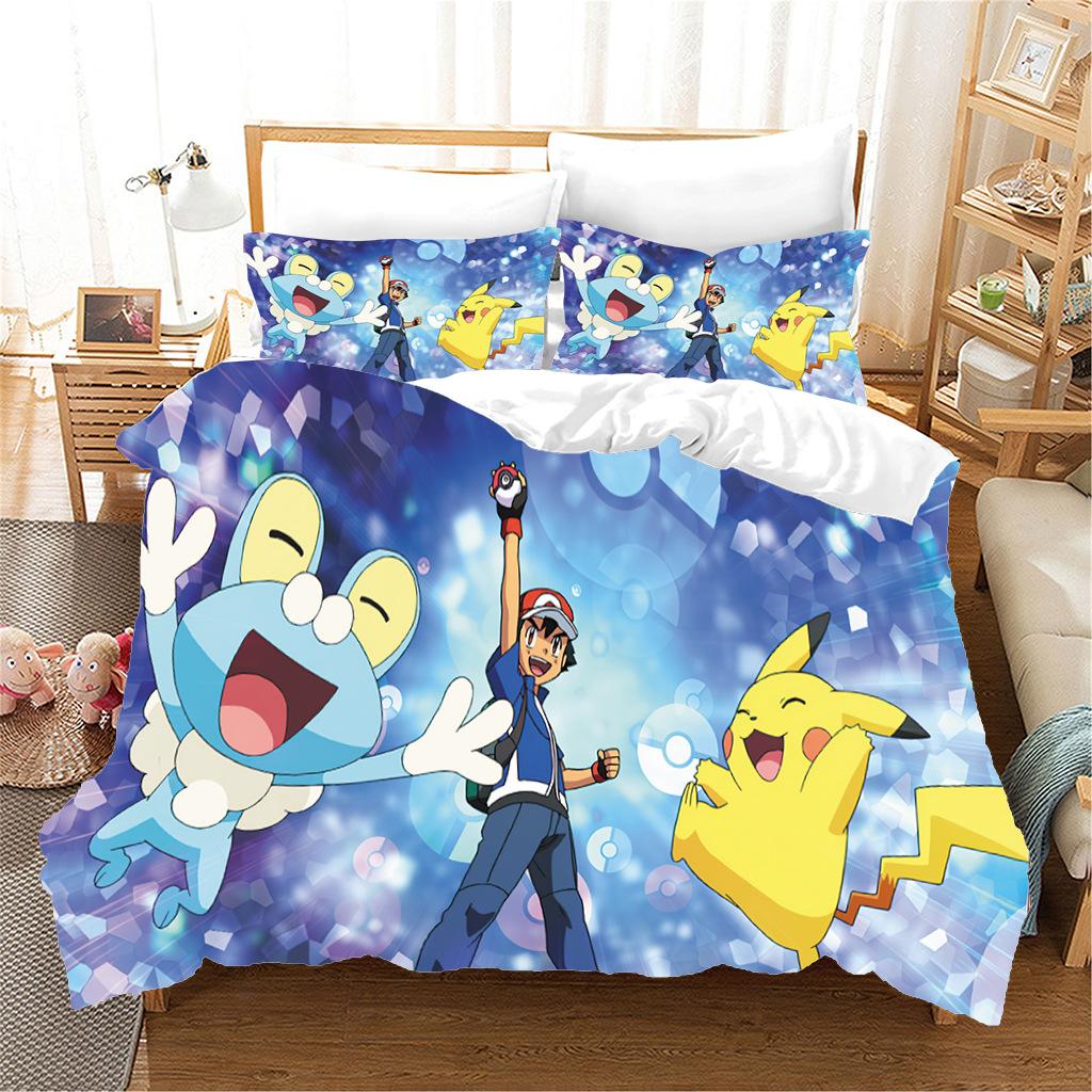 Anime P-Pokémon Printed Bedding Set New Ash Ketchum Pikachu Duvet Cover Comforter Pillowcase Boys Girls Children Adults King Gif