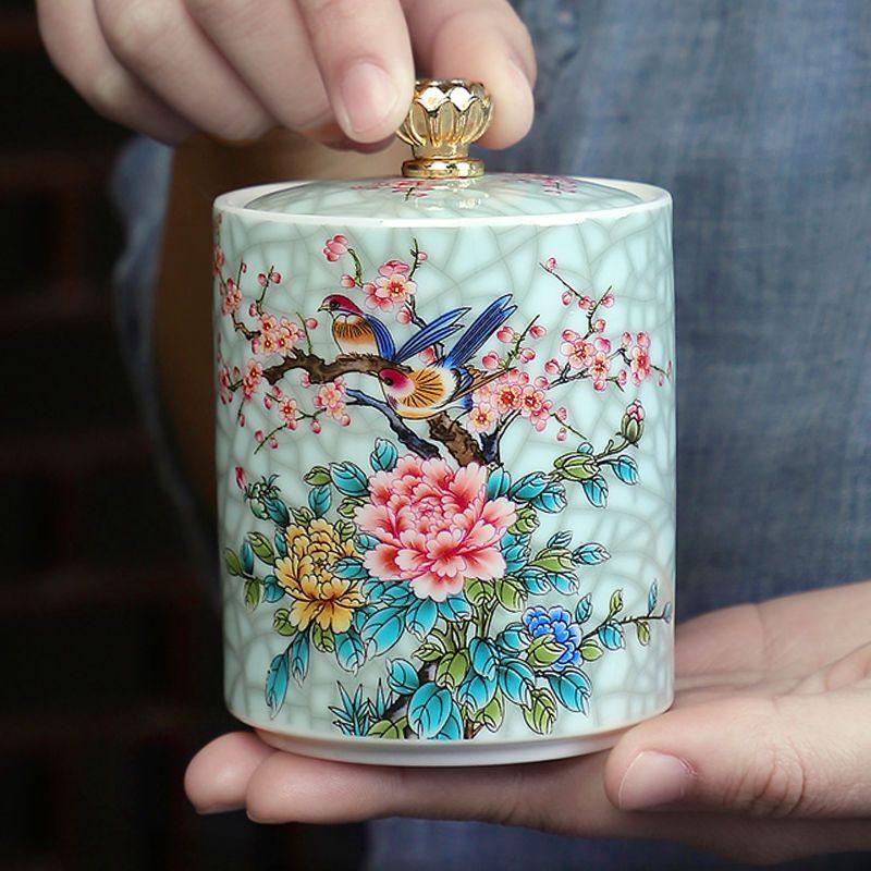 Creative Enamel Painted Flowers Ceramic Tea Jar Moisture-proof Seal Coffee Bean Candy Jar Kitchen Food Storage Container Decor