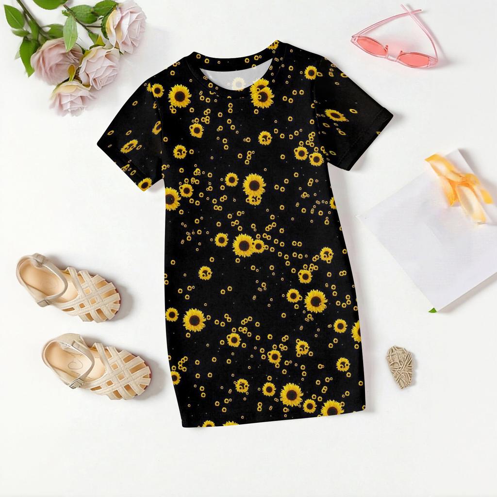 Girls Print Casual Dress Kids Loose Round Neck Short Sleeve Thin Sundress