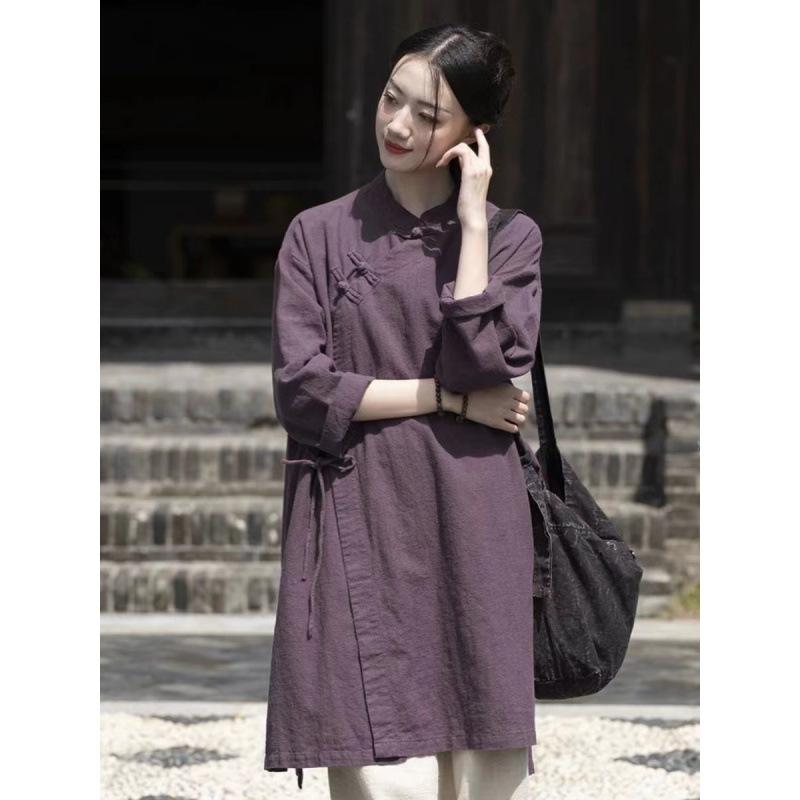 Women's Mandarin Collar Long Sleeve Loose Fit Casual Linen Blend Tunic Blouse