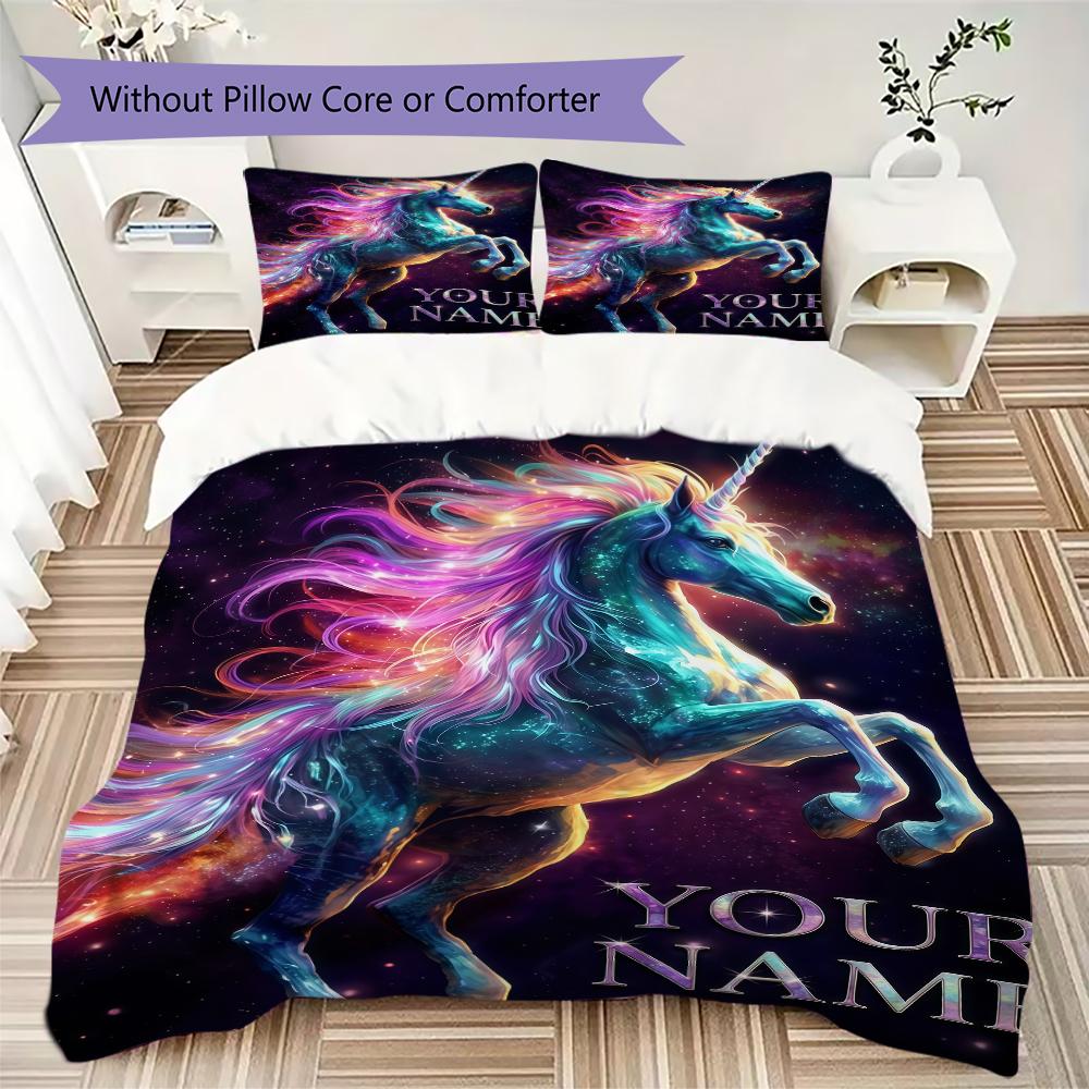 Custom Name Unicorn Fantasy Garden Bedding,Quilt Set Quilt Cover Pillowcase Home Birthday Gift(1 * Duvet Cover + 2 * Pillowcase, Without Core)_lx