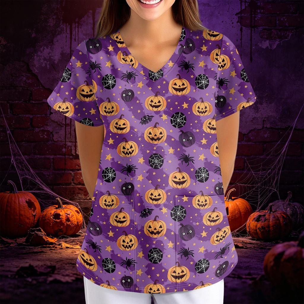Women Halloween Print Loose Fit V Neck Short Sleeve Medical Scrub Top with Pockets Casual Workwear Uniform for Healthcare Professionals