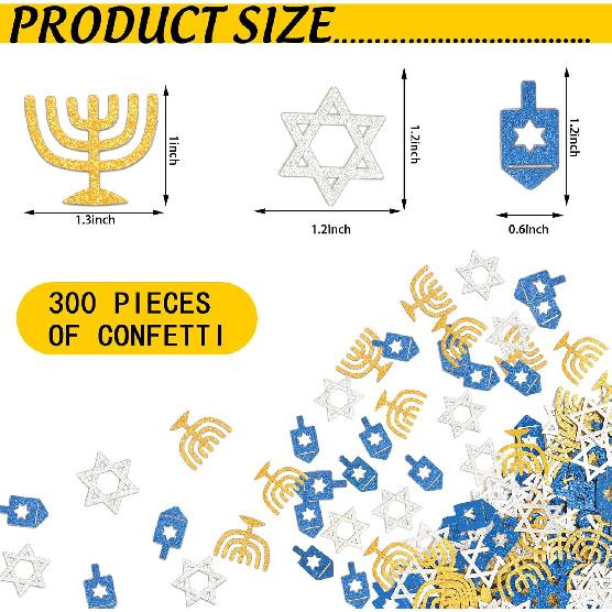 Whaline 300Pcs Hanukkah Table Confetti Menorah Star Dreidel Shaped Glitter Confetti Blue Gold Silver Table Centerpiece For Chanukah Party Decoration