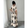 Women's Vintage Floral V-Neck Maxi Dress, Smocked Waist A-Line Long Dress for Summer Casual & Beach Wear
