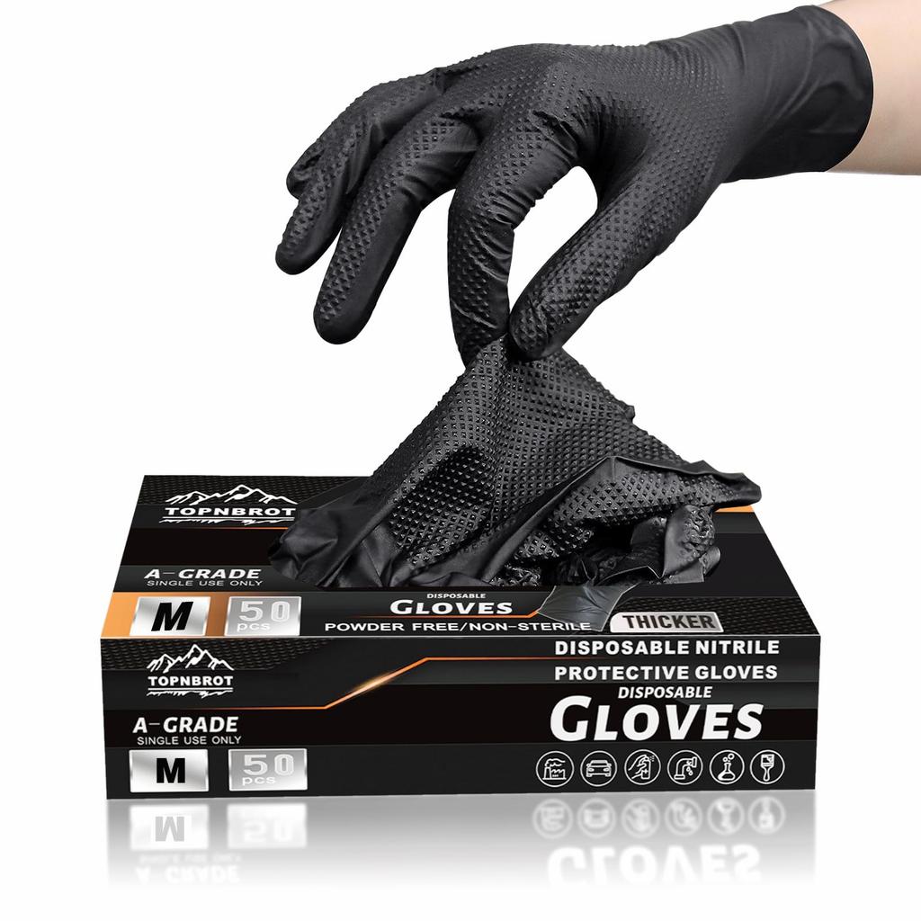TOPNBROT Disposable Nitrile Work Thick Oil and Chemical for Bicycle Motorcycle and More 50 Gloves, 0.28mm Rubber, Mechanic/Engineer Gloves, 50-Count,
