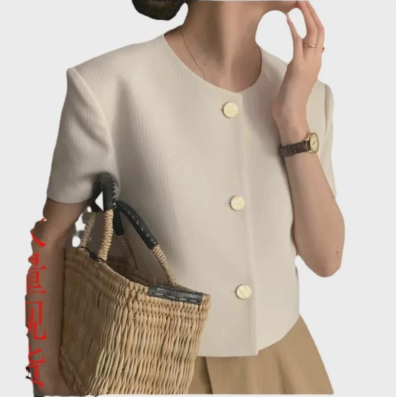 Korean Summer Round Neck Bubble Sleeve Short Jacket for Women