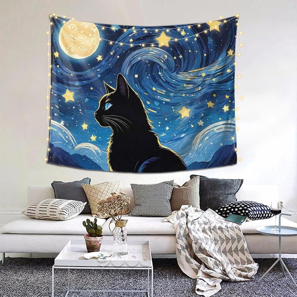 Celestial Black Cat Tapestry, Mystical Cat Under Starry Sky and Full Moon Wall Hanging for Modern Aesthetic Room Decor
