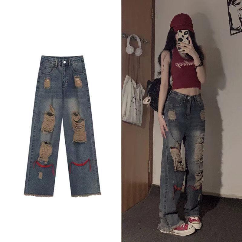 

WTEMPO винтажные брюки в стиле хип-хоп, модные перфорированные джинсы, прямые брюки с высокой талией, уличная одежда, универсальные повседневные женские джинсы Y2K XXL