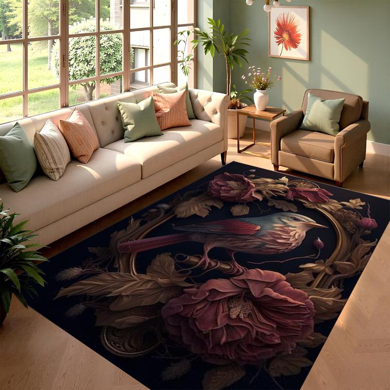 

Vintage Oil Painting Bird Rug Dark Botanical Print Non-slip Washable Elegant Floor Mat for Living Room Bedroom Decor 40X60cm
