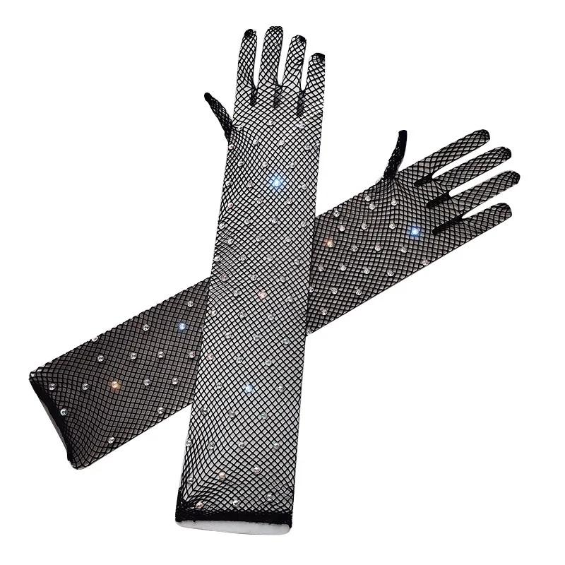 Sexy Netzhandschuhe für Damen, dünnes, hohles, glitzerndes Bohrmuster, Ballsaal, Pole Dance, Halloween, Rollenspiel-Accessoires