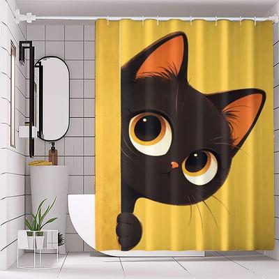 Curious Black Cat Shower Curtain - Cute Big Eyed Cat Hanging On Living Room Wall, Bedroom Decoration - Fantastical Home