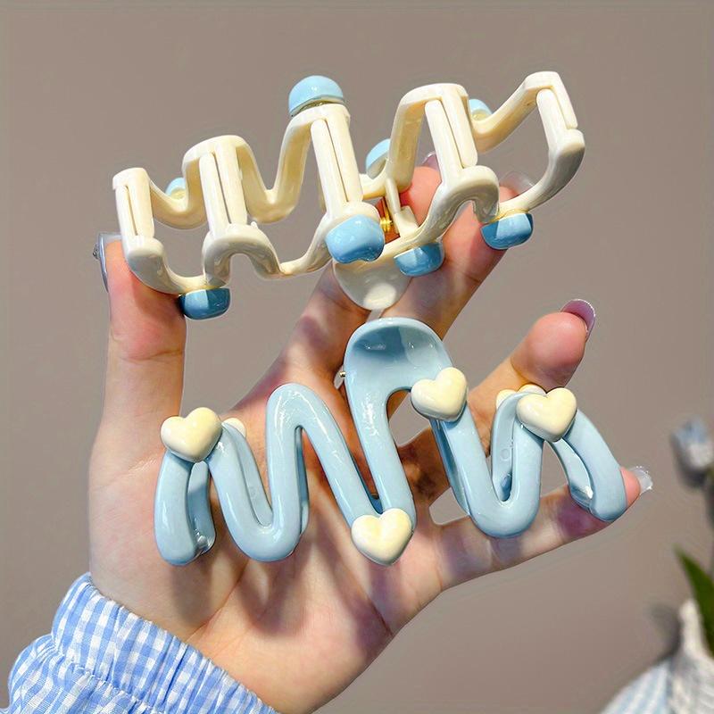 Women'S Solid Color Blue Elegant Simple Love Wave Large Hair Claw Clip for Daily Hair Organization, Sweet Style, Best Gift