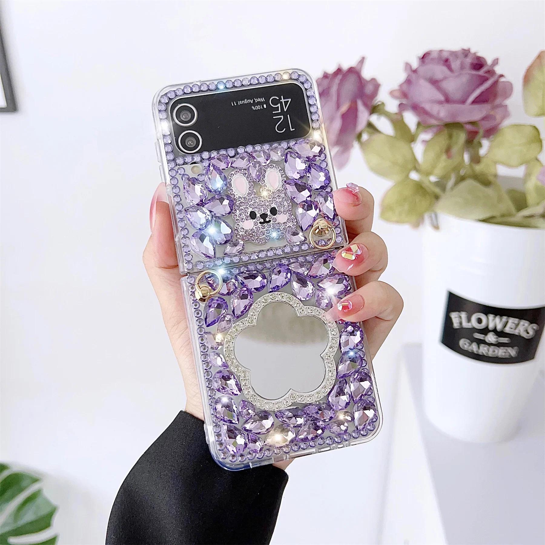 Für Samsung Galaxy Z Flip 6 3 4 2 1 5 Luxus Mode Koreanische Mode Strass Diamant Hase Kaninchen Spiegel Glitzer Kristall Hülle Abdeckung For Z Flip 5 gray