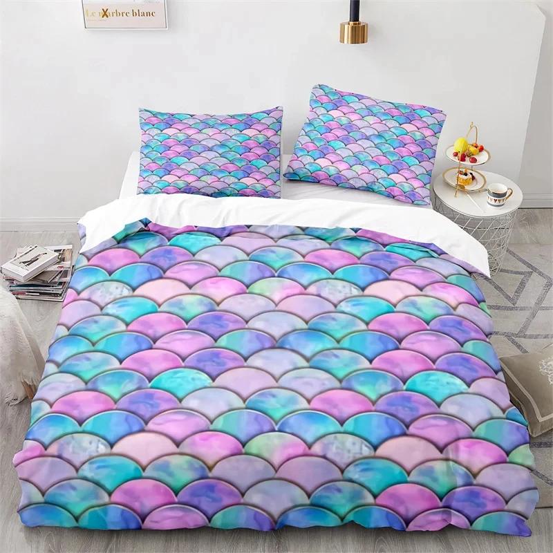 Colorful Fish Scales Bedding Set Twin King For Boys Girl Blue Pink Mermaid Skin Surface Print Duvet Cover Polyester Quilt Cover