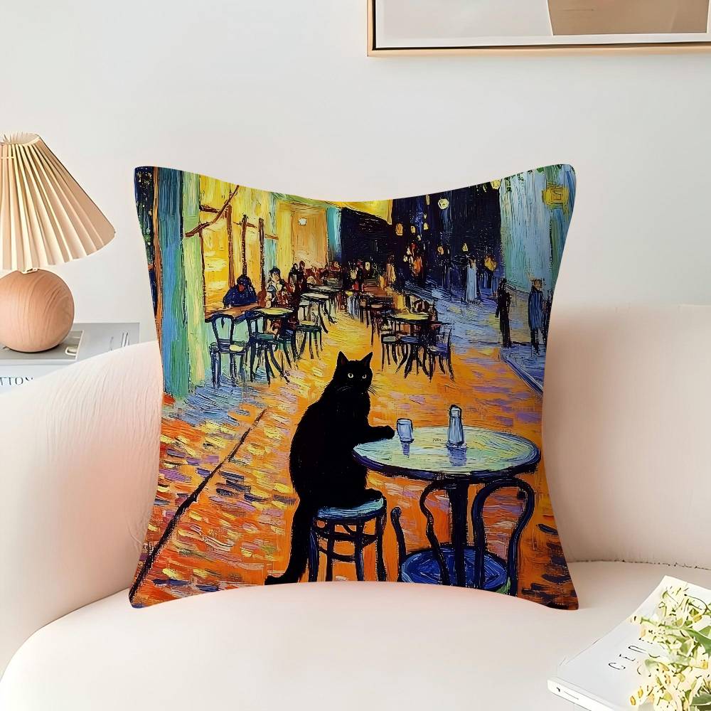 

Black Cat Van Gogh Pillow Cushion Cover Pillowcase Living Room Sofa Home Decor Customized 16x16Inch