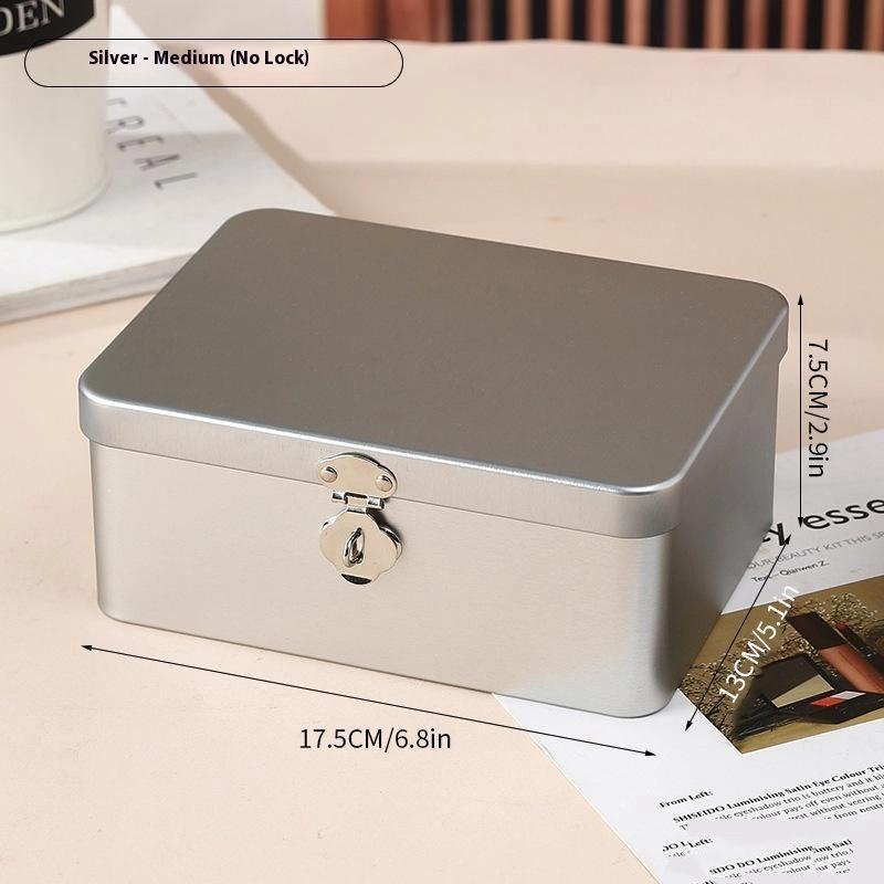 Wholesale Silver Lockable Tin Storage Box Multifunctional Desktop Storage Box Metal Box Jewelry Storage Empty Box