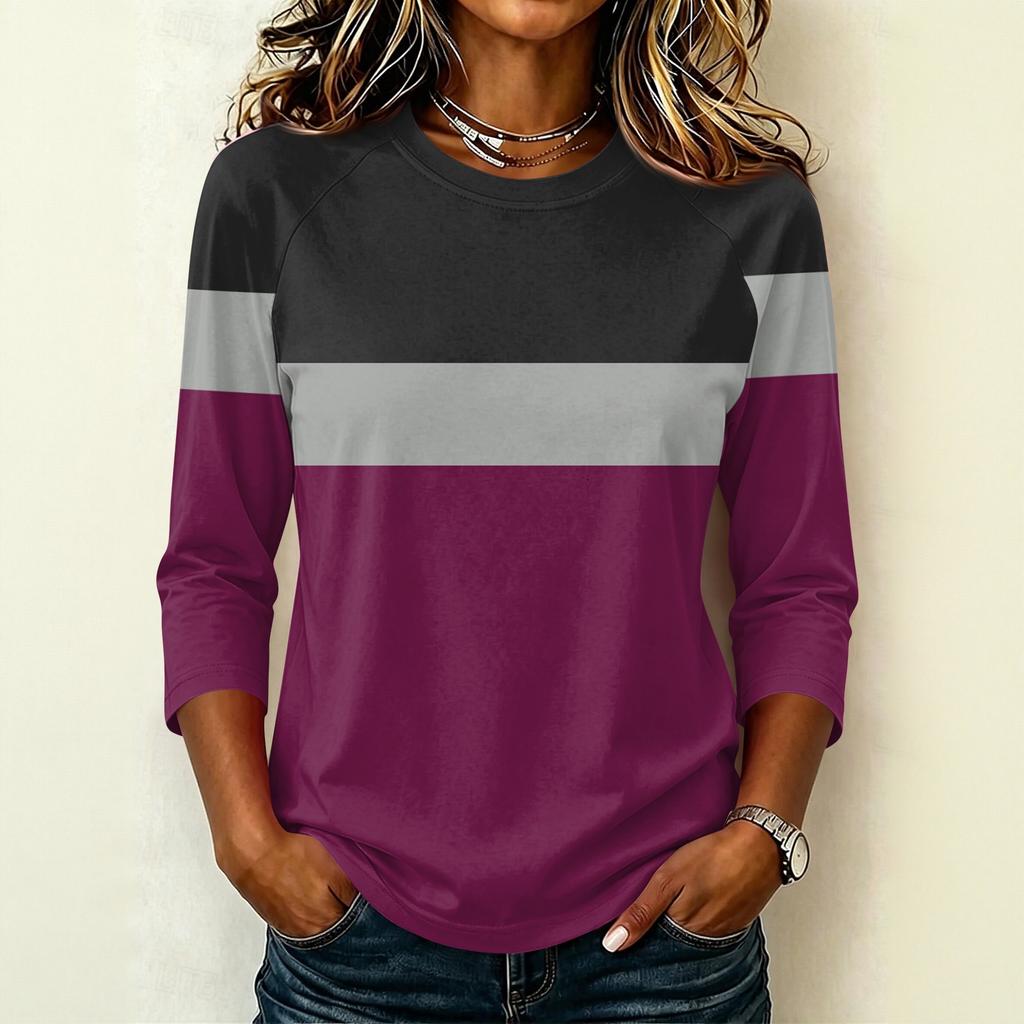 Women's Raglan Sleeve T-Shirt, Round Neck Three-Quarter Sleeve Striped Color-Block Pullover Top