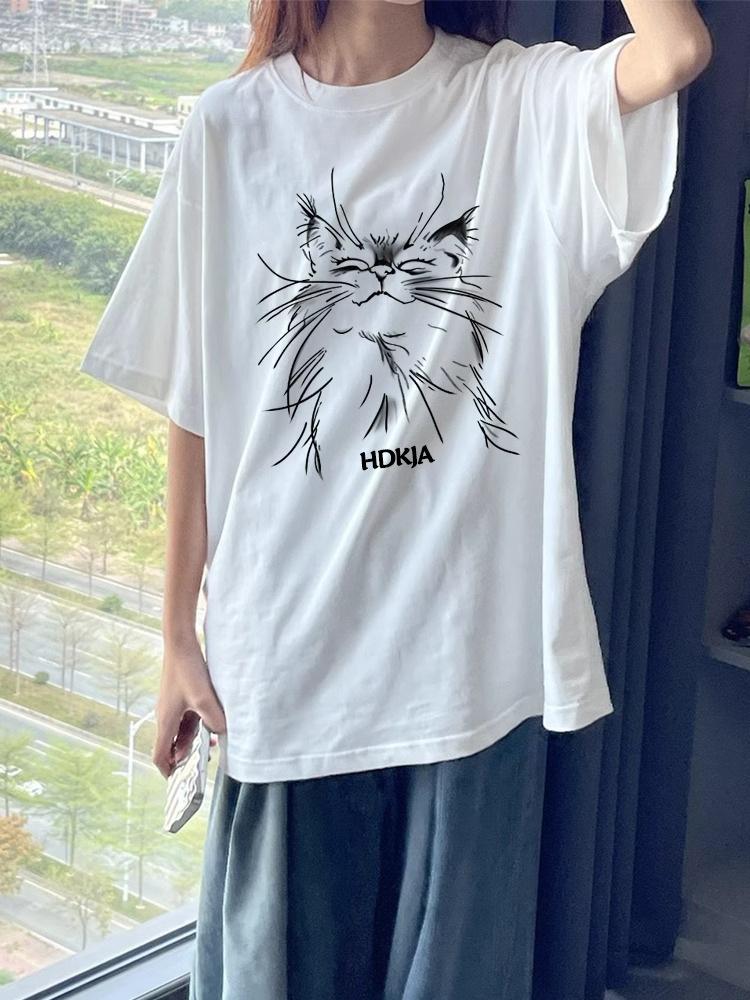 

Women s College Style Loose Fit White Short Sleeve Cat Graphic T-shirt, Summer 2025 Trend XXL - Premium Quality абрикосовий
