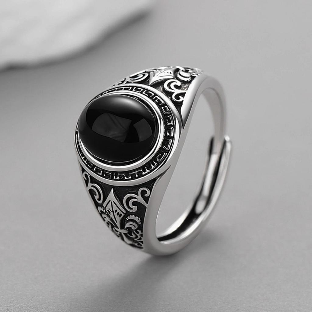 Vintage Faux Onyx Rings For Men Stainless Steel Adjustable Open Wide Ring Copper Color Fashion Punk Jewelry Gift