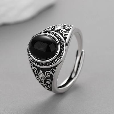 Vintage Faux Onyx Rings For Men Stainless Steel Adjustable Open Wide Ring Copper Color Fashion Punk Jewelry Gift