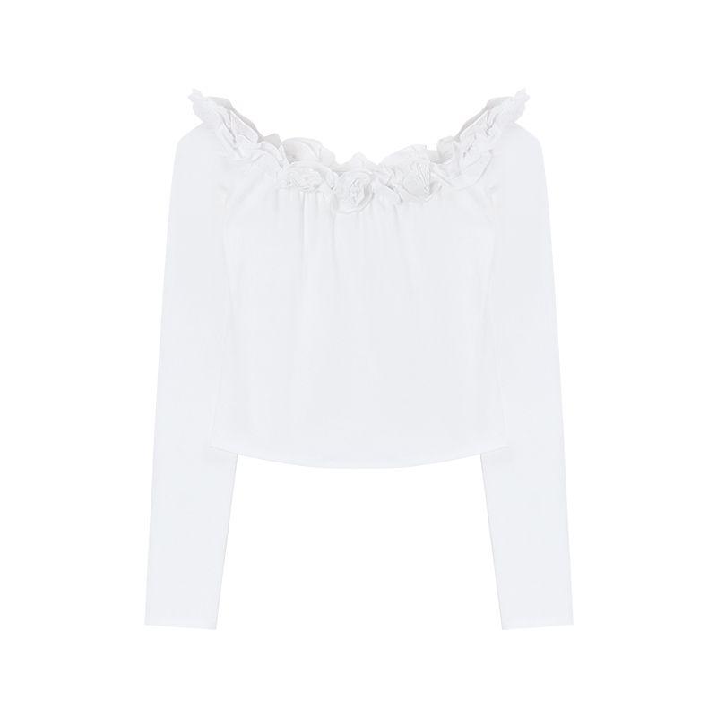 

Kumikumi White Three-Dimensional Flower off-Shoulder Tops Female Early Autumn High Waist Drawstring Striped Wide-Leg Pants Two-piece Set White Flower Tops S