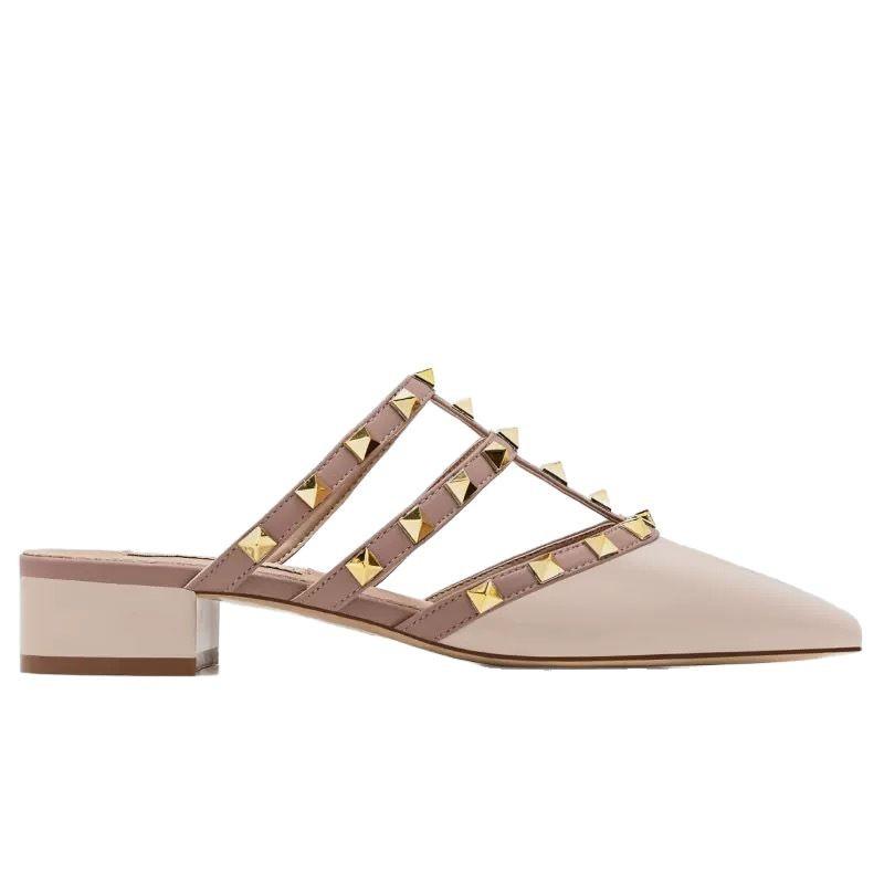 Nya nitspetsiga coola tofflor dam ytterkläder tjock klack medium klack väskhuvud halvtofflor nude mode sandaler sommar